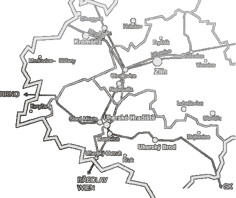 Mapa Zlnskho kraje s vyznaenmi cestami a Uherskm Hraditm [map]